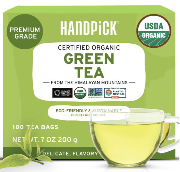 HANDPICK, Organic Green Tea Bags - 100 Eco-Friendly Tea Bags | USDA Organic | Resealable Pack for Freshness | Delicate & Flavory | Direct From India